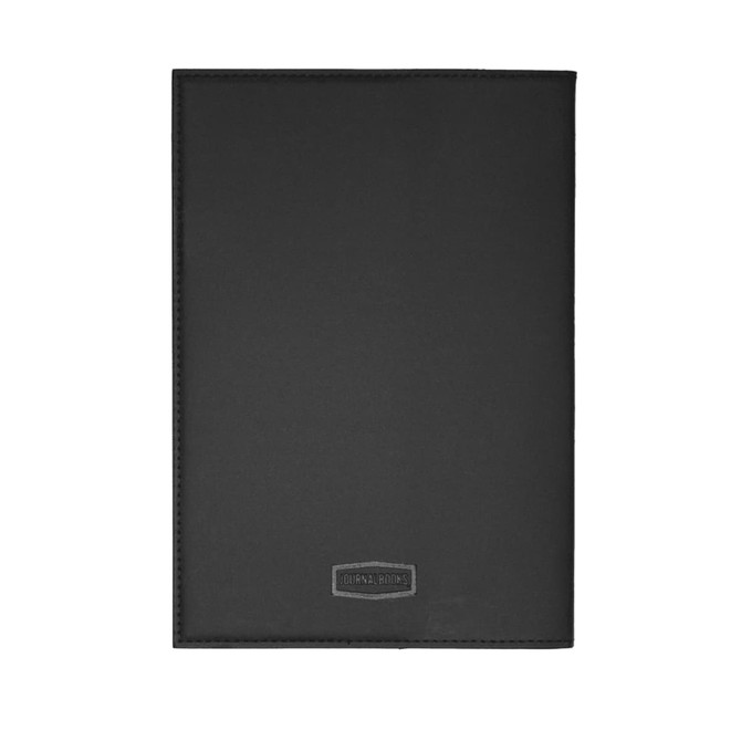 A black leather refillable journal with a embossed logo on the cover. Ideal for note-taking or journaling.