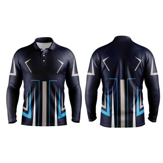 A long sleeve polo shirt in navy blue with geometric patterns in light blue and white, featuring a logo.
