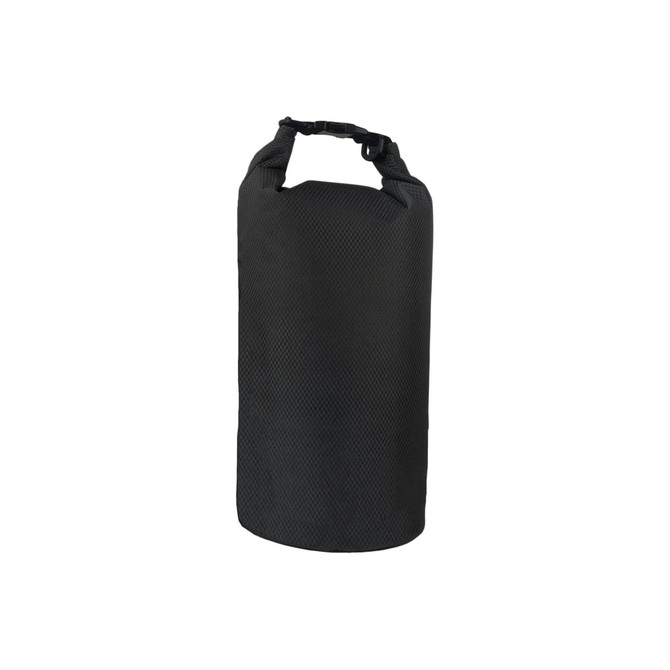 A black Oxford cloth dry bag with a secure top closure and an adjustable strap. It features a logo.