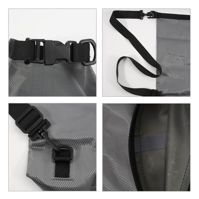 A grey Oxford cloth dry bag featuring adjustable straps and buckles, showcasing its durable material and design details.