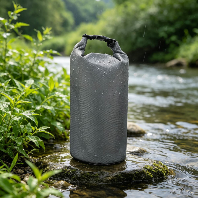 A grey Oxford cloth dry bag stands on a rock in a stream, with droplets of water on its surface and greenery in the background.