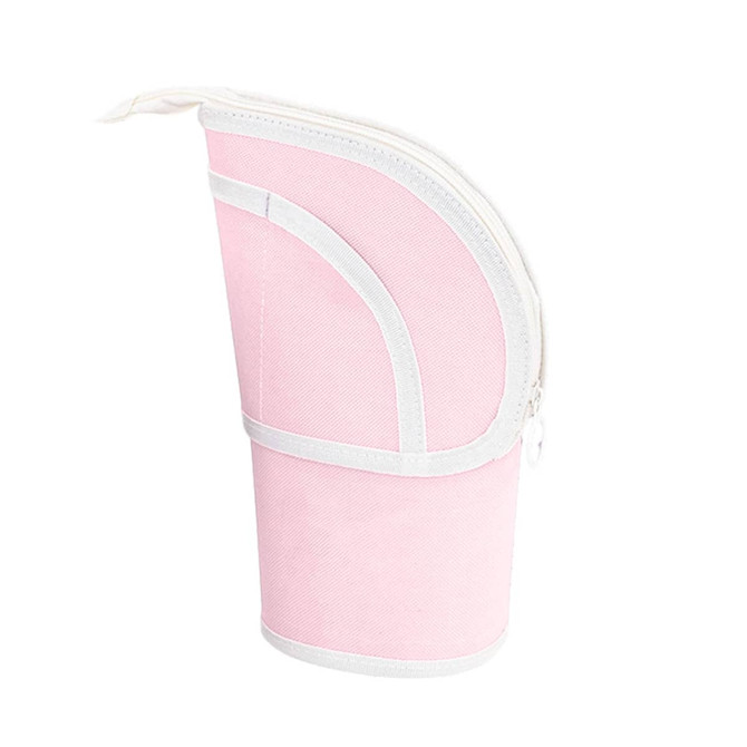 A pink expandable pencil case with a white zipper and curved design. It has a logo on its surface.