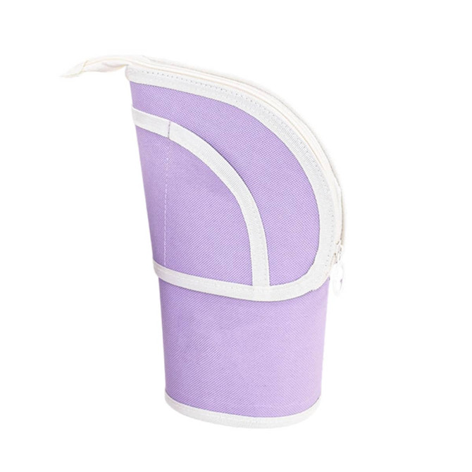 A purple expandable pencil case with a white zipper and trim, featuring a curved design.