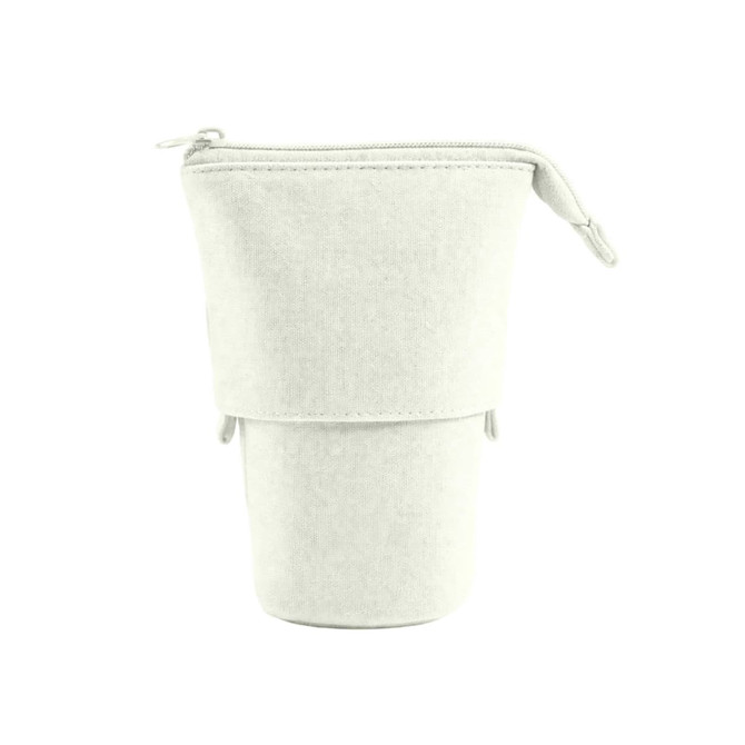 A light grey canvas expandable pencil case with a zip closure and a branded logo. Suitable for office or business use.