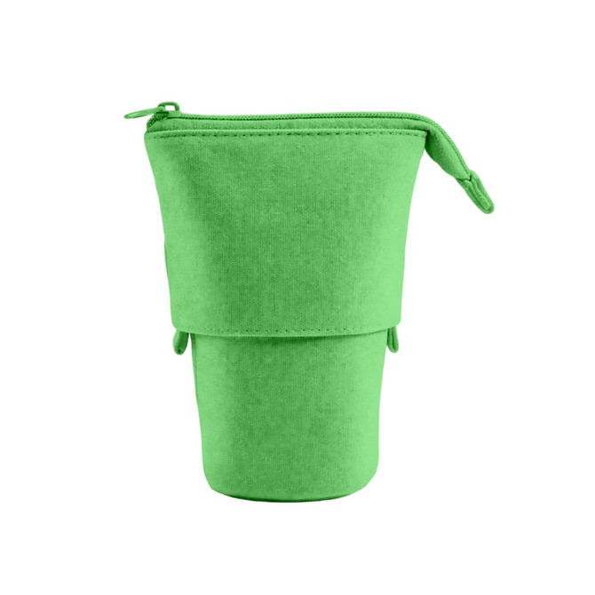 A green expandable pencil case features a zip closure and two fastening loops. It has a simple, modern design.