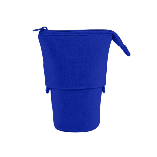 A blue canvas expandable pencil case with a zip closure and strap detail. It has a plain design and includes branding.