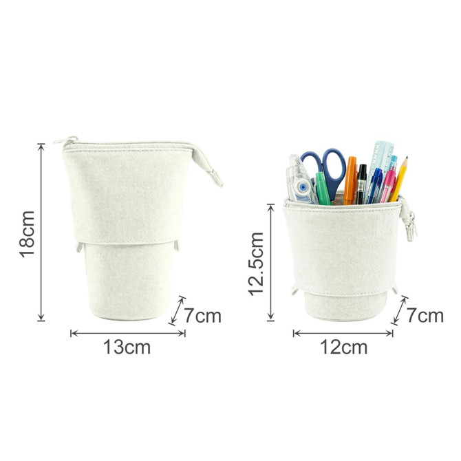 A light grey canvas expandable pencil case featuring various writing instruments and a circular base. It has a logo.