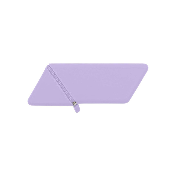 A lavender silicone pen holder with a zip closure, featuring a sleek, modern design and a logo.