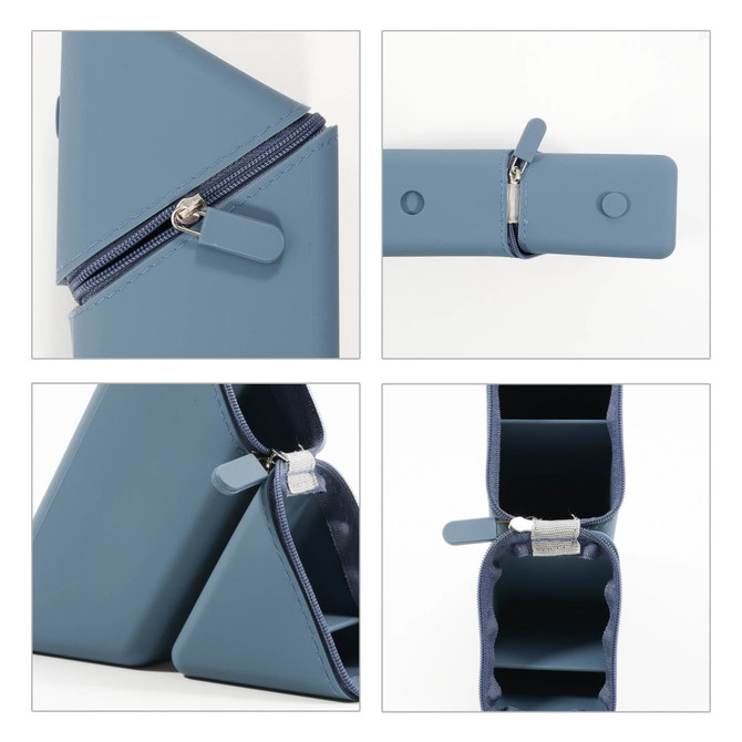 A triangular blue silicone pen holder with a zip closure, featuring multiple compartments and a logo.