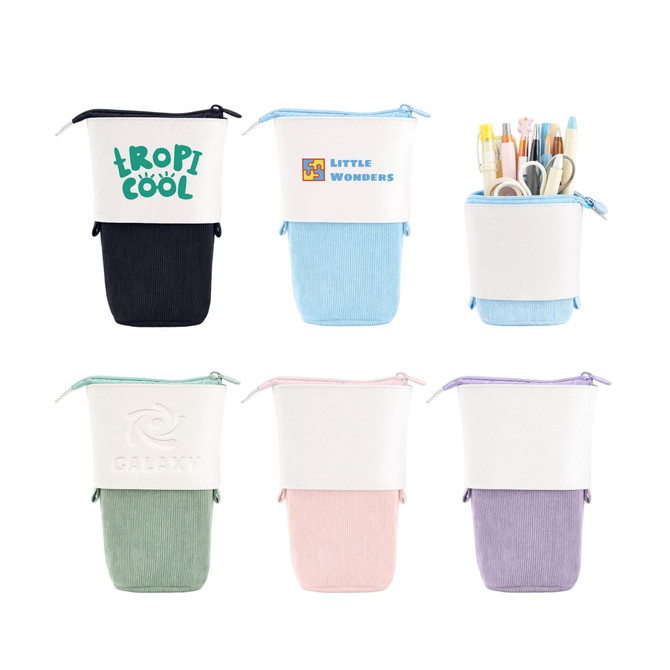 An assortment of expandable pencil cases in various colours, each filled with pens and stationery items, featuring logos.
