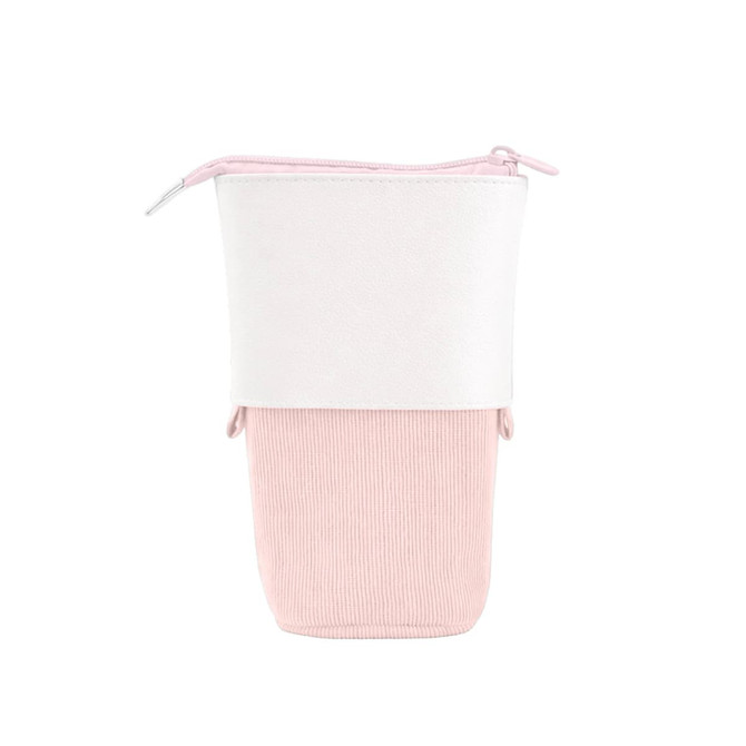 A pink and white expandable pencil case featuring a zip closure and textured fabric. It has a logo.