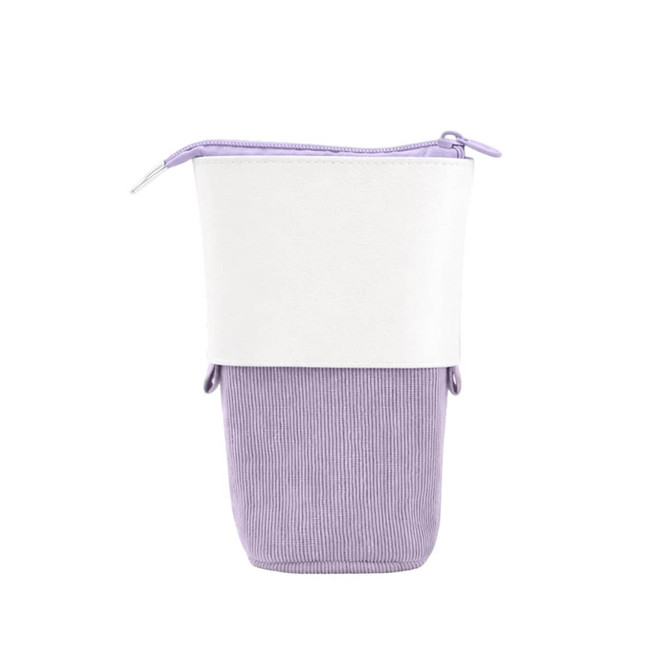 An expandable pencil case in lavender and white, featuring a zipper closure and a textured design.
