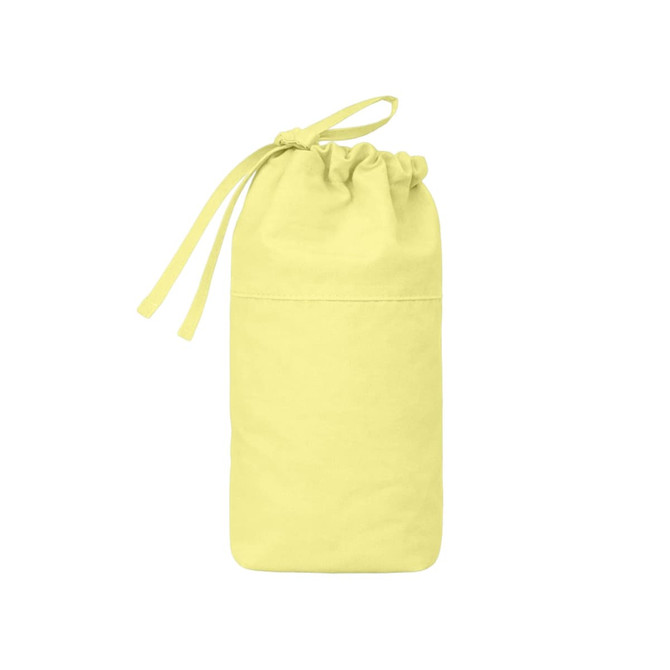 A foldable drawstring pencil case in a bright yellow colour with a simple design and a logo.
