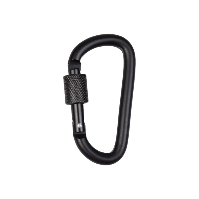 A black D-shaped screw lock keychain with a textured locking mechanism and a smooth curved body.