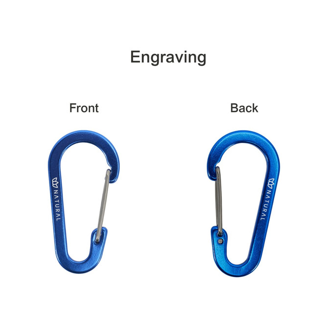 A blue D Type aluminium alloy carabiner hook displayed from the front and back angles, featuring a logo.