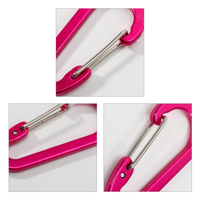 A pink D Type aluminium alloy carabiner hook featuring a silver metal gate, displayed in multiple angles.