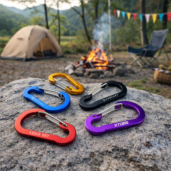 A selection of D Type aluminium alloy carabiner hooks in red, orange, yellow, black, and purple, arranged on a rock near a campfire.