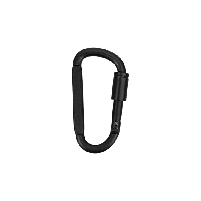 A black D-shaped carabiner with a locking mechanism and a smooth finish, featuring a subtle logo.