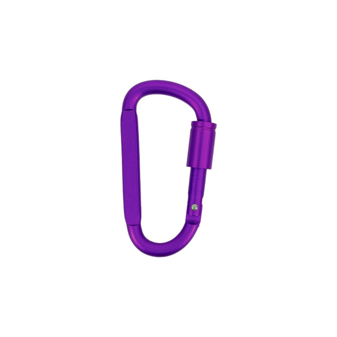 A purple D shape camping carabiner with a metallic finish and a locking mechanism. Features a small logo.