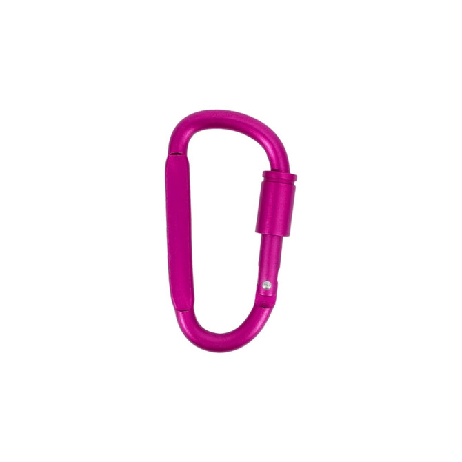 A pink D-shaped camping carabiner featuring a locking mechanism and a smooth finish, suitable for various outdoor activities.
