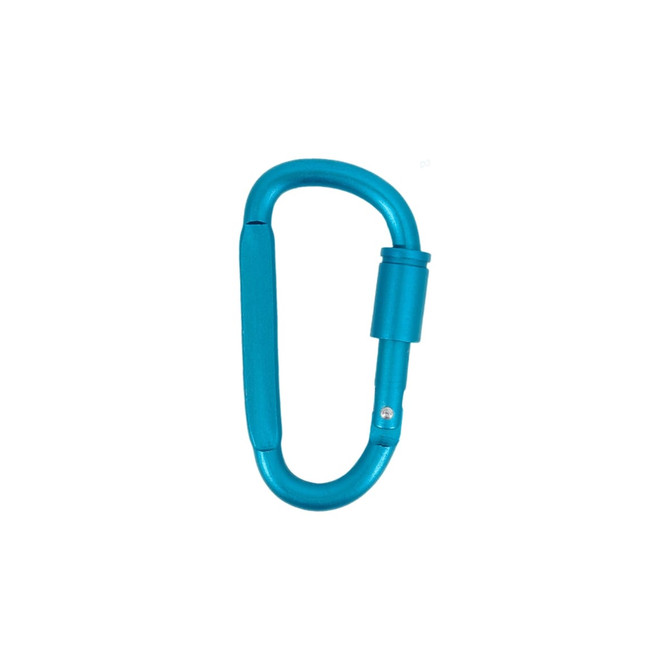 A turquoise D-shaped camping carabiner with a locking mechanism and a sleek design.