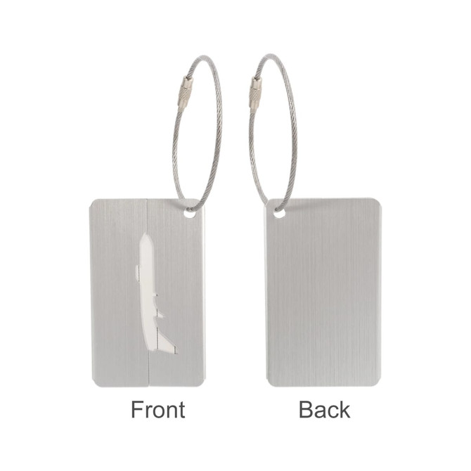 A brushed aluminium luggage tag featuring a plane design, with a dual-sided layout and attached through a metal loop.