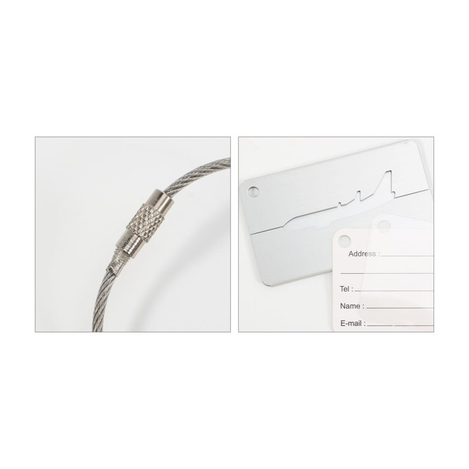 A silver wire cable luggage tag with an attached tag for contact details. The tag features a sleek, minimalist design.