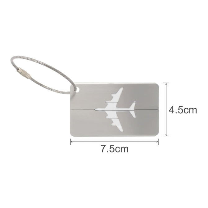 A silver luggage tag in the shape of an airplane with a wire attachment. Dimensions are 7.5 cm by 4.5 cm.