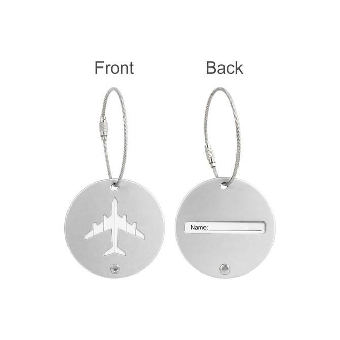A round wire cable luggage tag in silver with an airplane cutout on the front and a blank name section on the back.