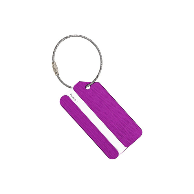 A purple brushed aluminium luggage tag with a silver attachment, featuring a blank space for a name.