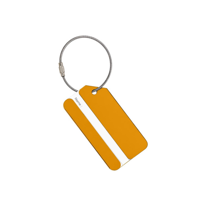 A square aluminium luggage tag in yellow, featuring a white section for personal details and a metal attachment.