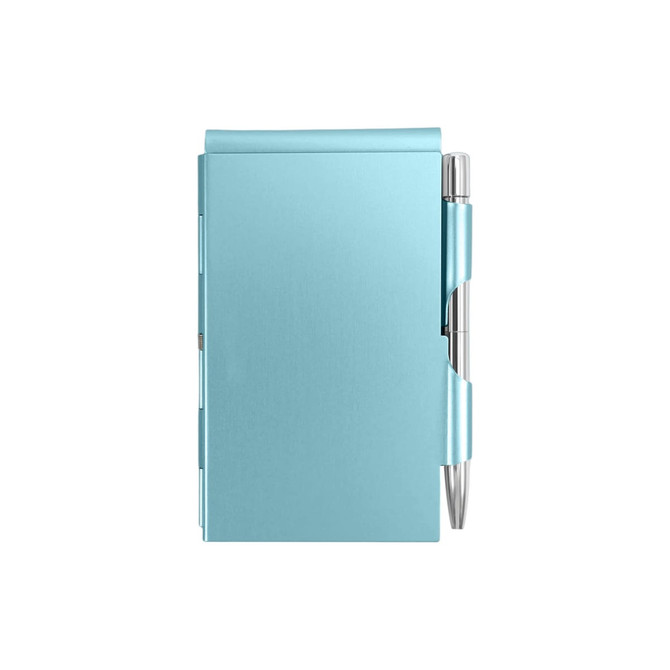 A light blue aluminium pocket notebook with a silver pen attached, featuring a sleek design and a logo.