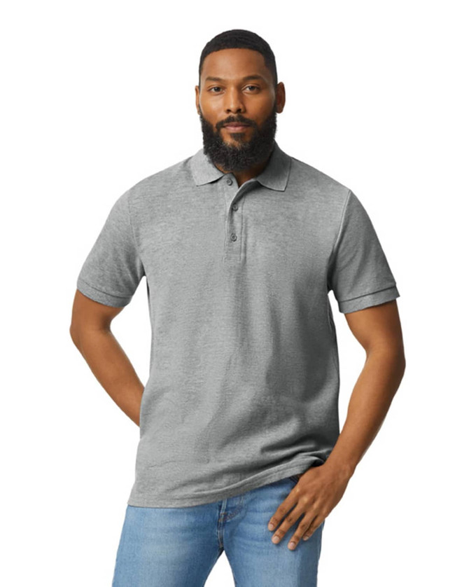 A grey Gildan Hammer adult double pique polo shirt with a collar and short sleeves, featuring a logo.