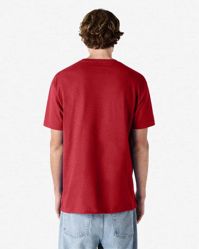 A unisex heavyweight cotton t-shirt in red, featuring a simple design with a logo on the back.