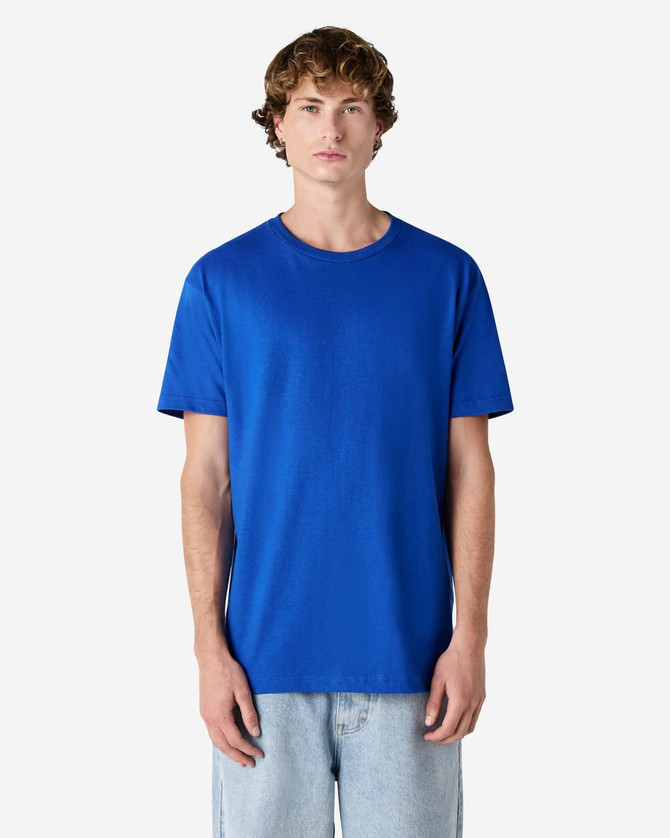 A blue heavyweight cotton unisex T-shirt displayed on a male model, with a plain design and no visible logo.