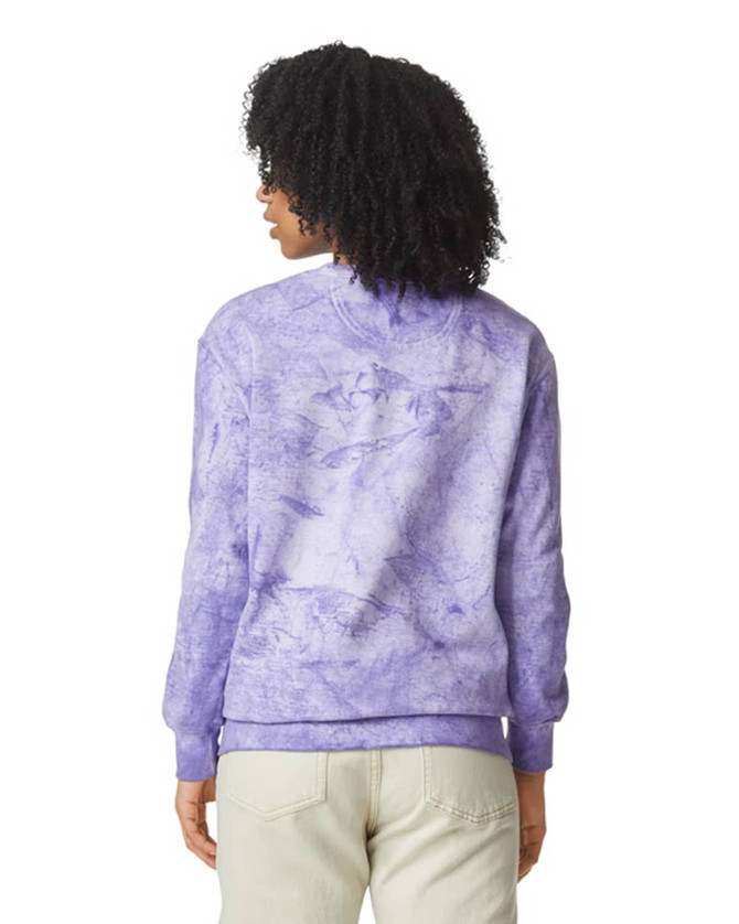 A purple crewneck sweatshirt with a textured design and a logo on the back. Suitable for adults.