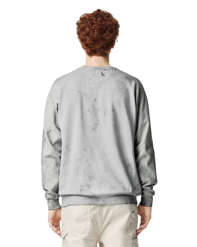 A crewneck sweatshirt in a light grey colour, featuring a simple design and a logo on the back.