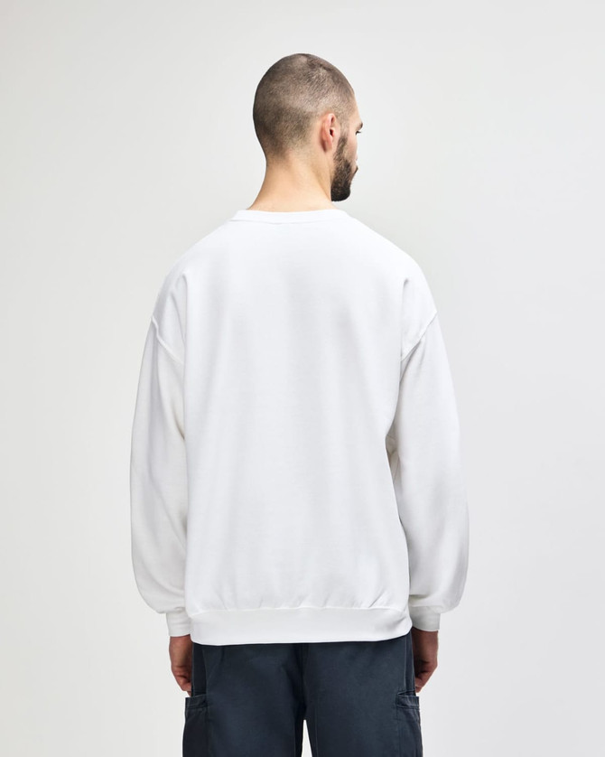 A white Gildan Heavy Blend adult crewneck sweatshirt seen from the back, featuring a plain design and a logo.