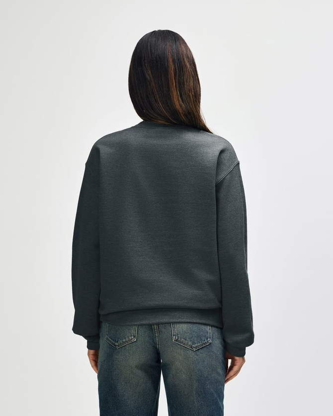 A grey Gildan Heavy Blend Adult Crewneck Sweatshirt viewed from the back, featuring a simple design and a logo.