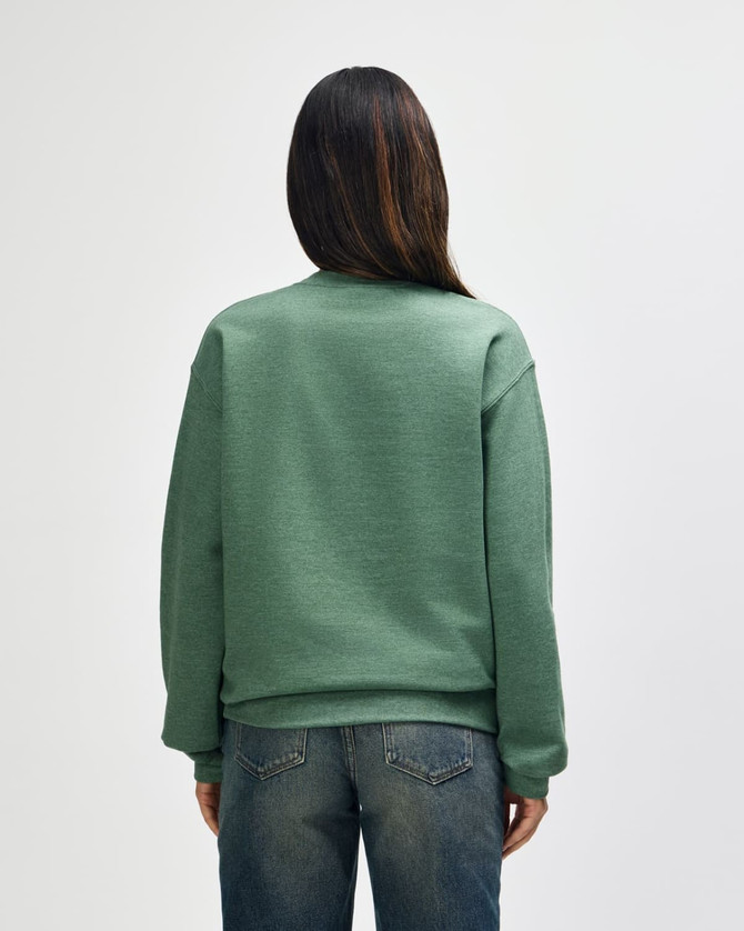 A green Gildan Heavy Blend adult crewneck sweatshirt viewed from the back, featuring long sleeves and a simple design.