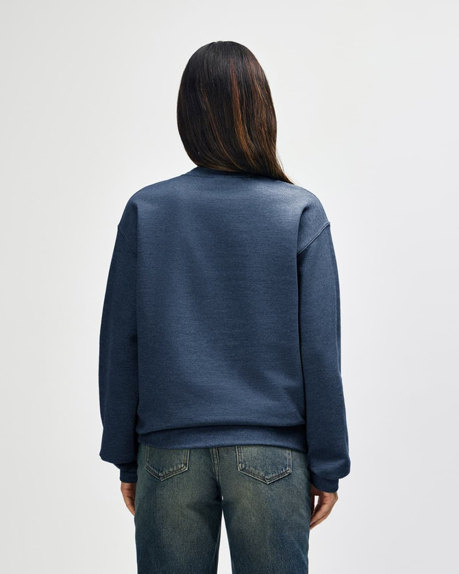A blue Gildan Heavy Blend adult crewneck sweatshirt viewed from the back, featuring a plain design and a subtle logo.