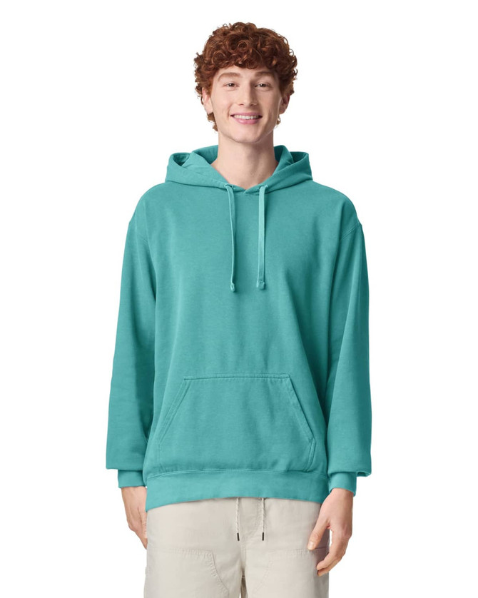 A turquoise adult hooded sweatshirt with a front pocket and a drawstring hood, featuring a logo.