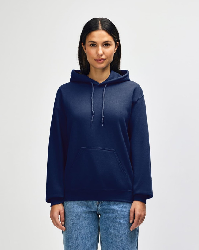 A navy blue adult hooded sweatshirt with a front pocket and drawstring hood, worn by a model.