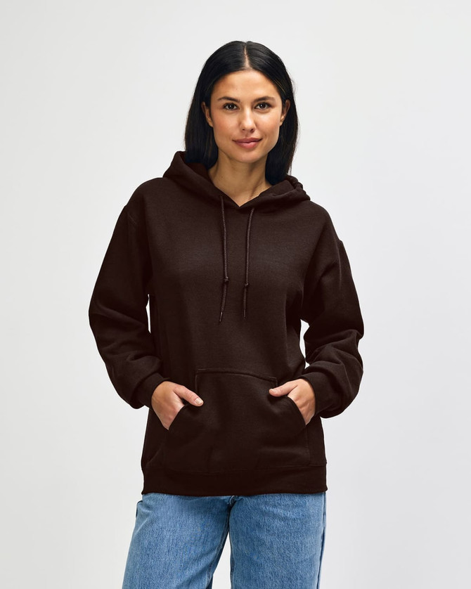 A brown Gildan Heavy Blend adult hooded sweatshirt with a front pocket and adjustable drawstring hood.