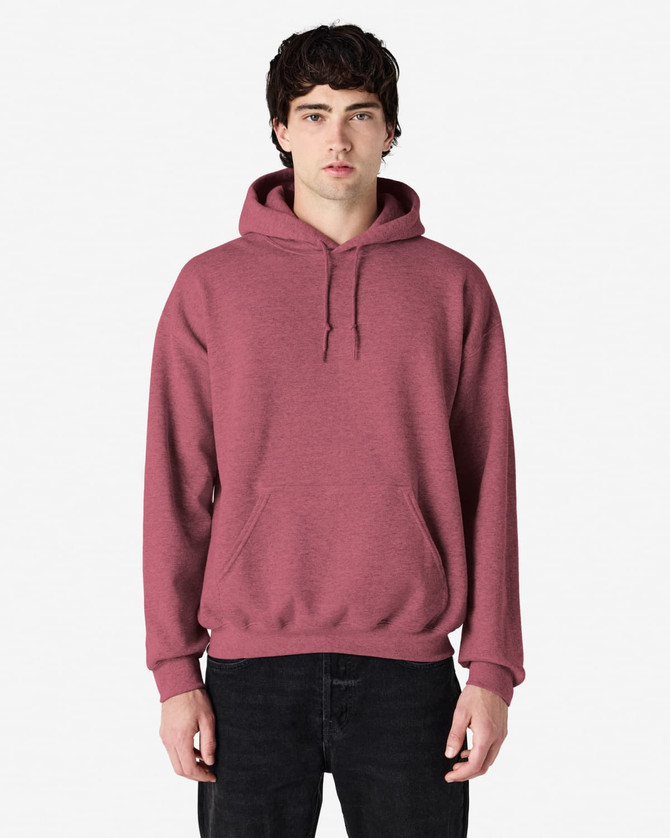 A hooded sweatshirt in a rich burgundy colour, featuring a front pocket and a logo on the chest.