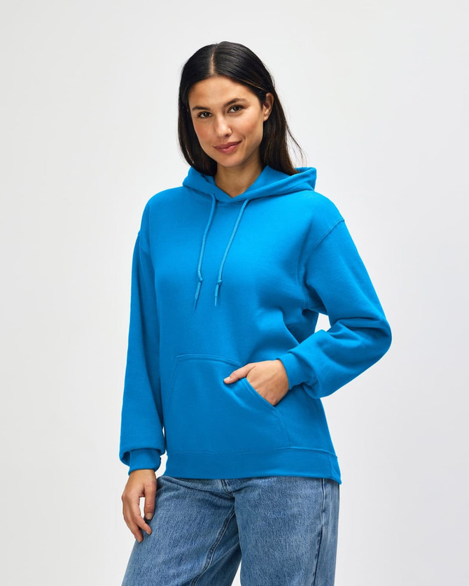 A turquoise hooded sweatshirt with a front pocket and an adjustable drawstring hood. Features a logo.