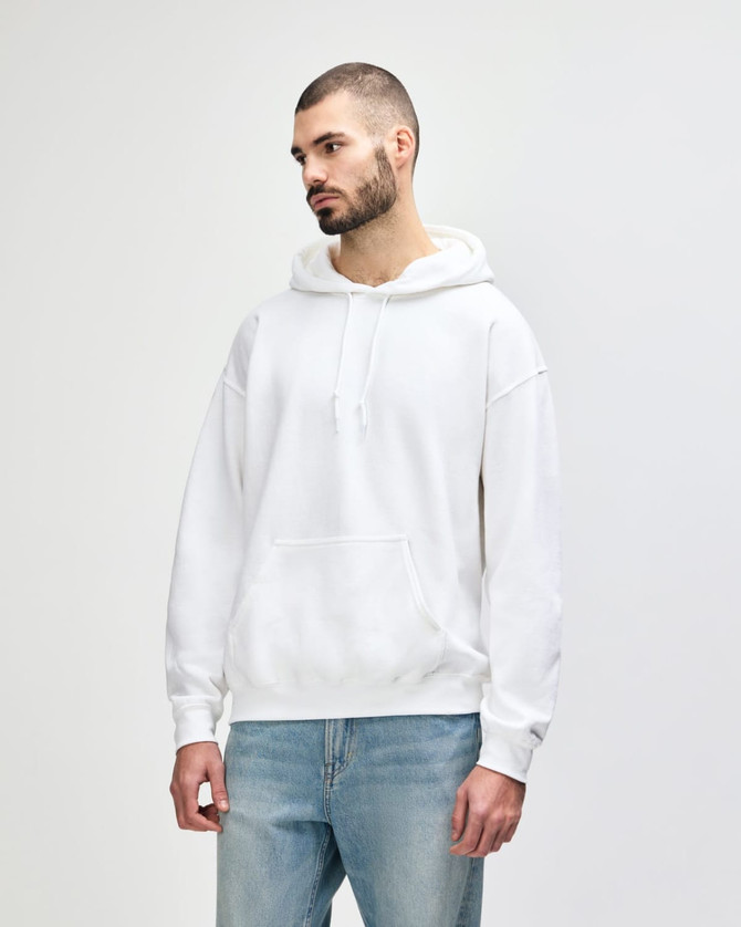 A white Gildan Heavy Blend adult hooded sweatshirt with a front pocket and an attached hood.