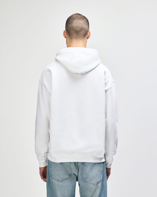 A white Gildan Heavy Blend adult hooded sweatshirt viewed from the back, featuring a hood and a plain design.