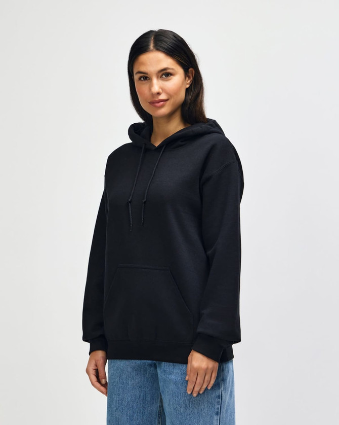A black hooded sweatshirt featuring a front pocket and a drawstring hood, with a logo on the chest.