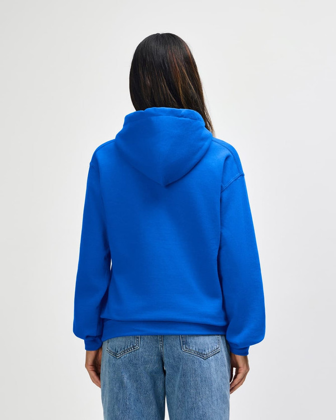 A blue Gildan Heavy Blend adult hooded sweatshirt viewed from the back, featuring a hood and a fitted design.